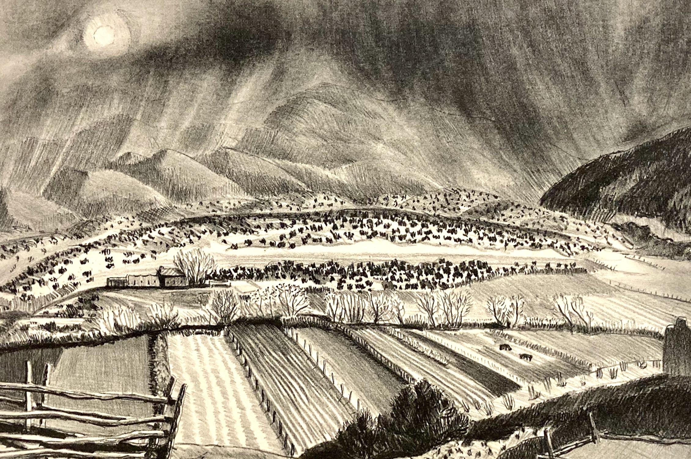 Helen Greene Blumenschein, Tempesta di neve (New Mexico), 1932-36, litografia - Landscape Print Marrone di Helen Blumenschein