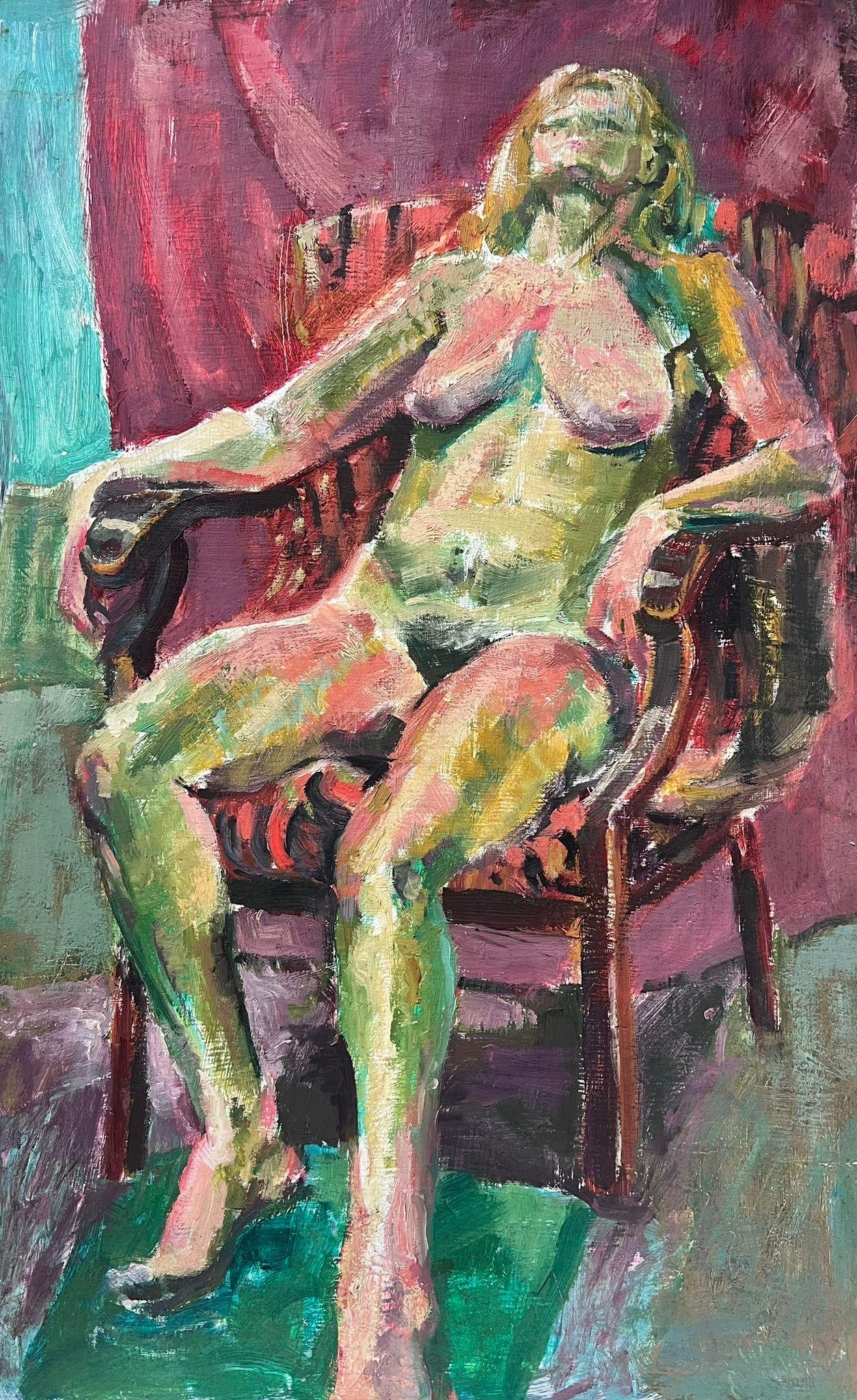 Peinture à l'huile moderniste britannique des années 1980 Femme nue allongée sur une chaise - Painting de Helen Greenfield