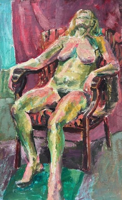1980's British Modernist Oil Painting Nude Lady Reclining in Chair