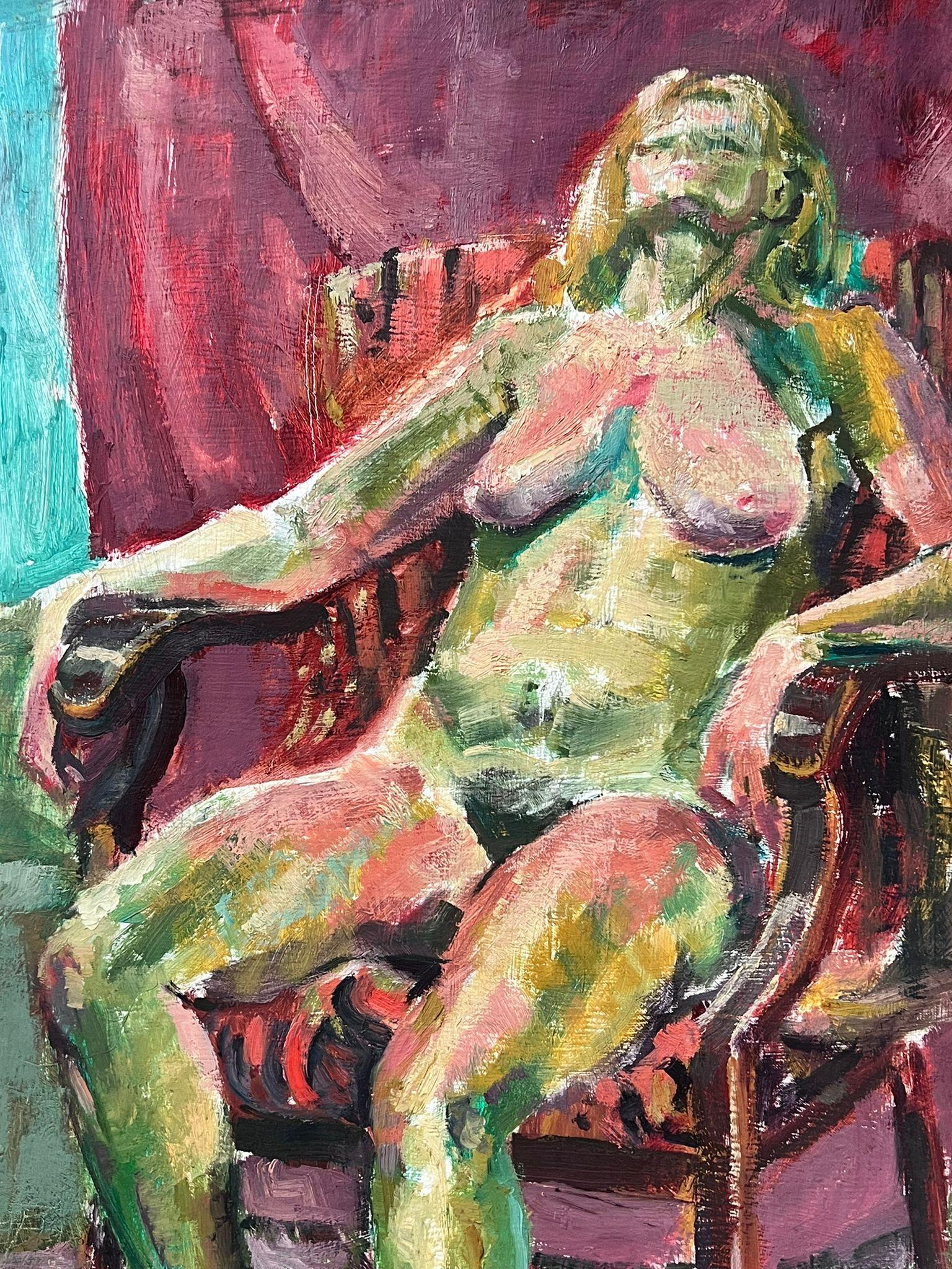 1980's British Modernist Oil Painting Nude Lady Reclining in Chair For Sale 1