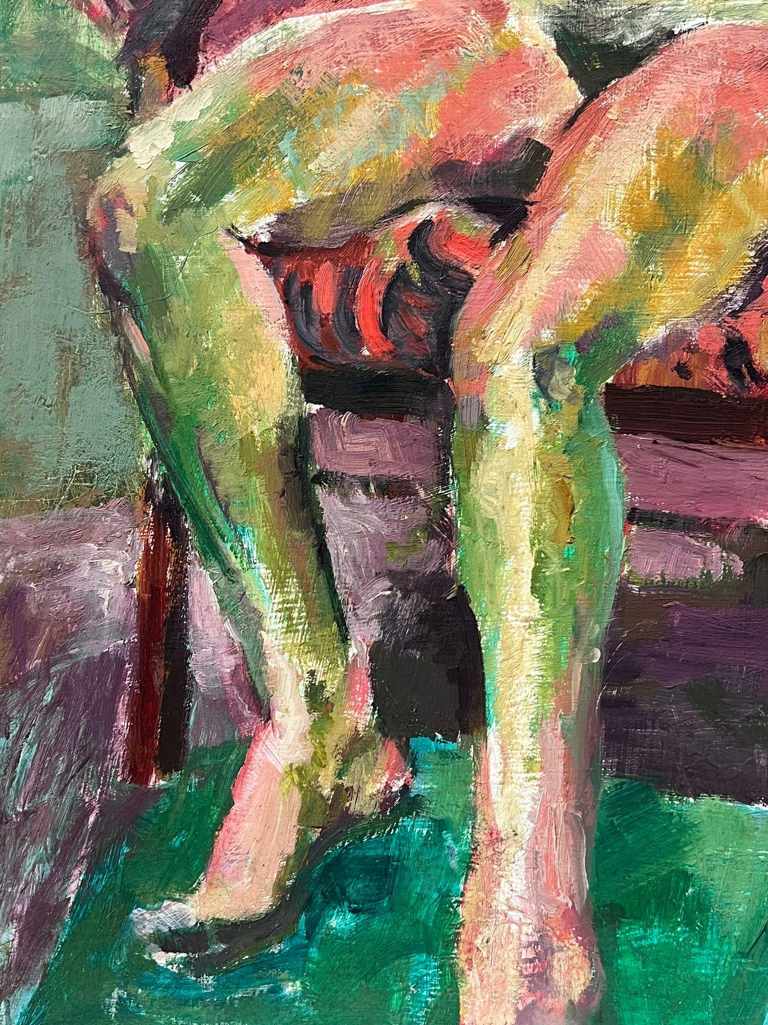 1980's British Modernist Oil Painting Nude Lady Reclining in Chair For Sale 3