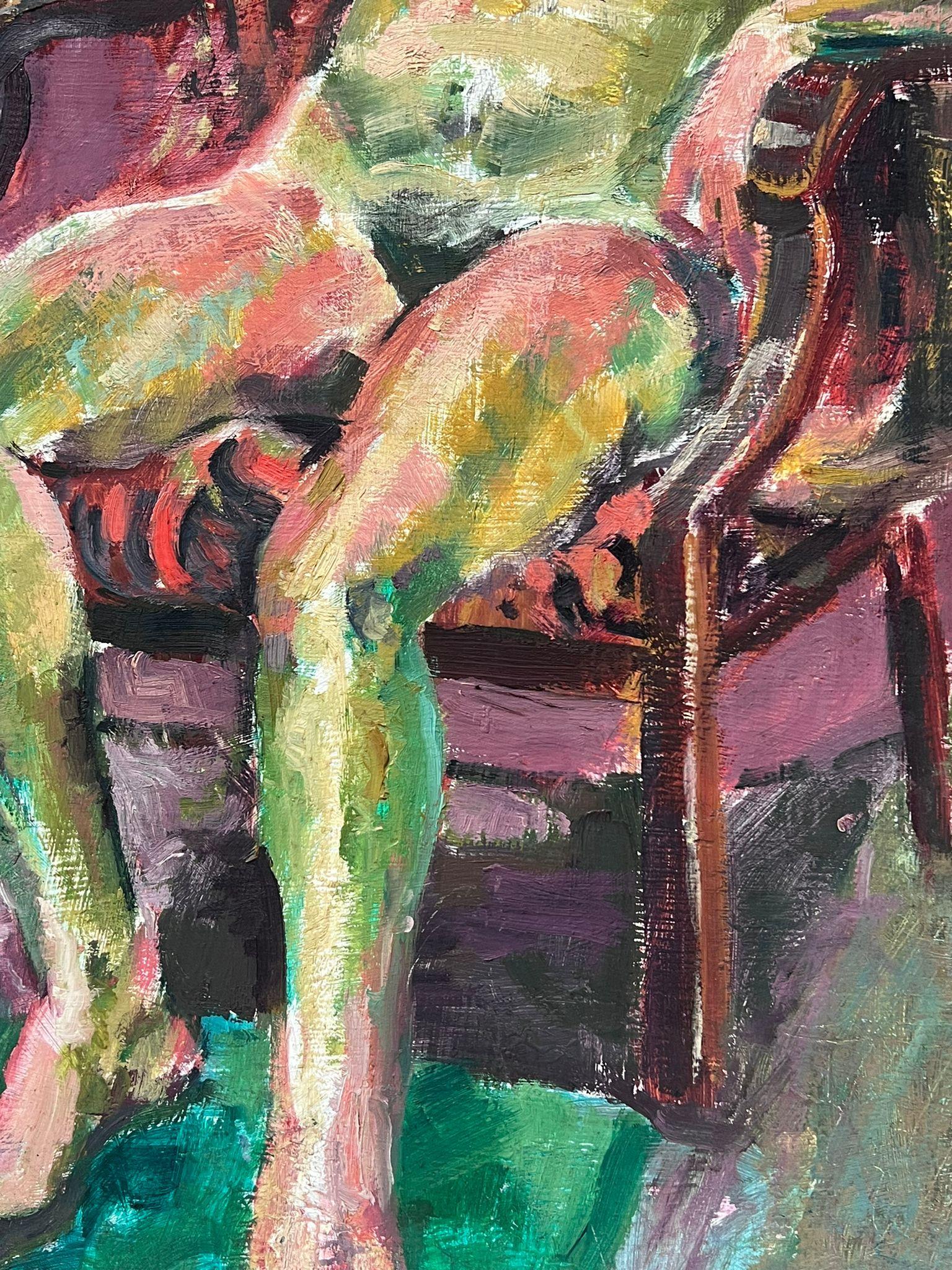 1980's British Modernist Oil Painting Nude Lady Reclining in Chair For Sale 4