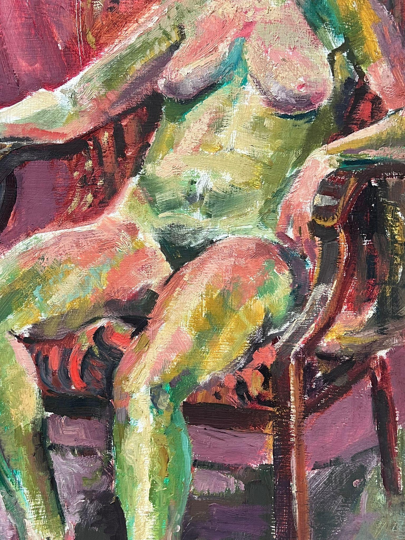 1980's British Modernist Oil Painting Nude Lady Reclining in Chair For Sale 5