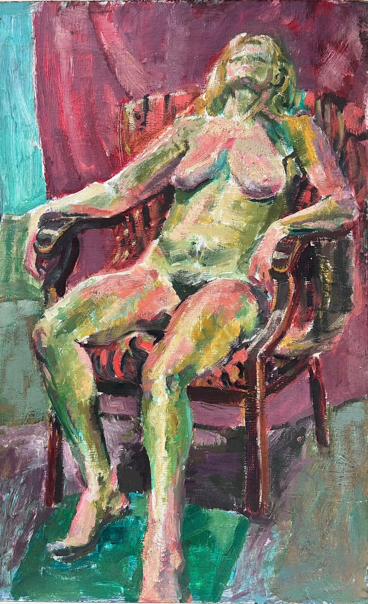 Helen Greenfield Figurative Painting – 1980's British Modernist Ölgemälde Nude Lady Reclining in Chair
