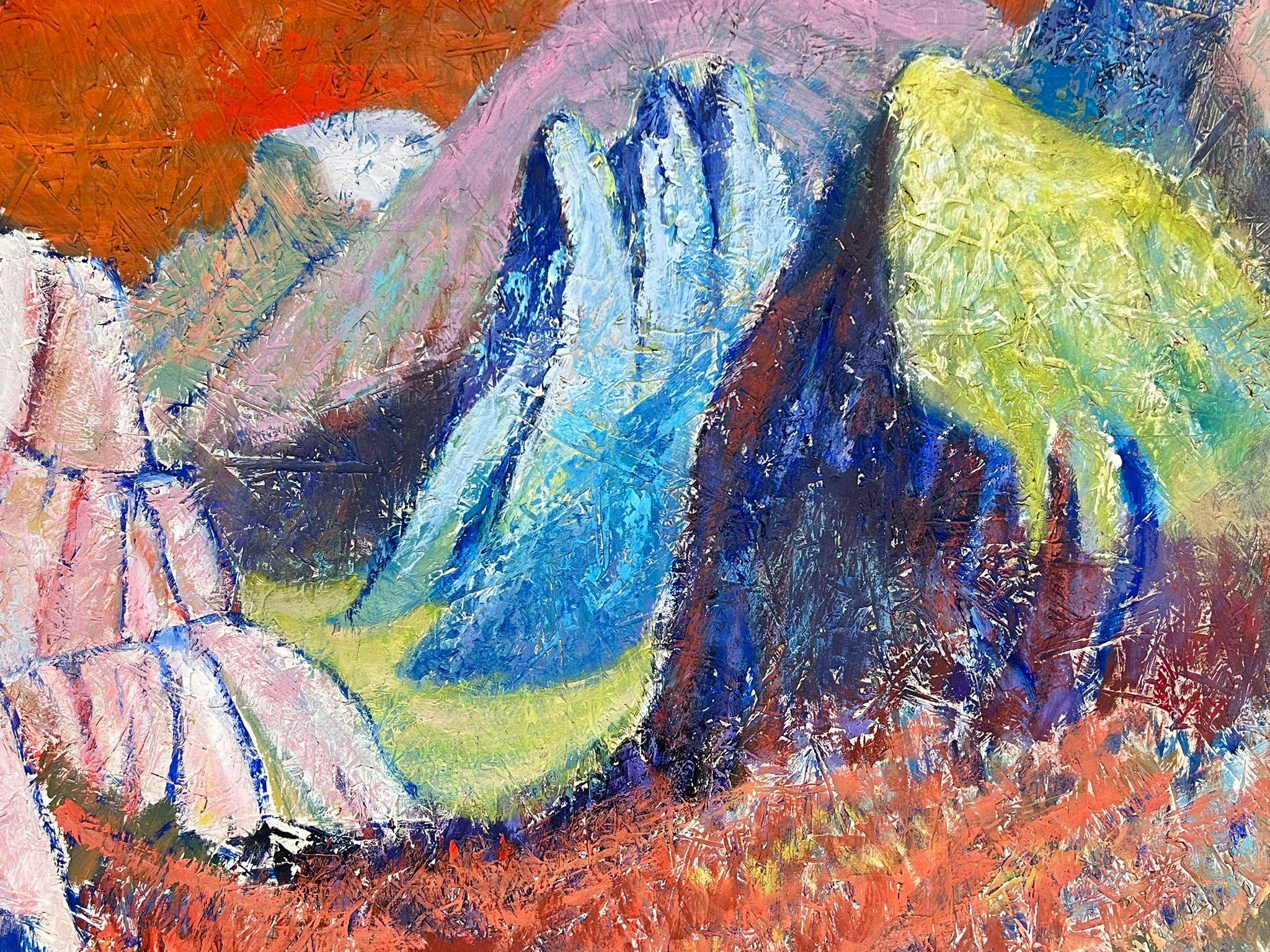 20th Century British Modernist Abstract Colourful Mountains Red Sky - Impressionist Painting by Helen Greenfield
