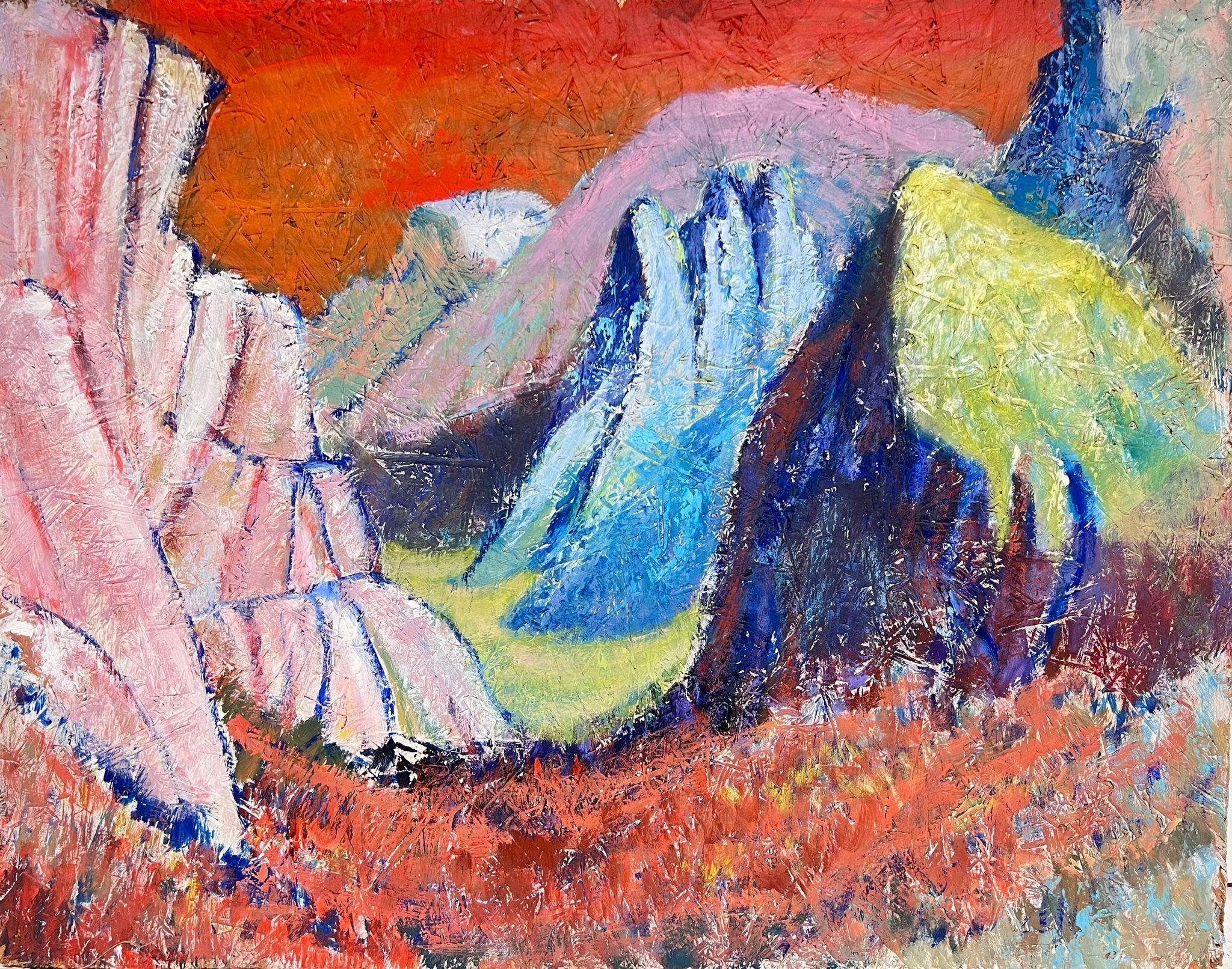 Helen Greenfield Abstract Painting - 20th Century British Modernist Abstract Colourful Mountains Red Sky