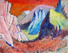 Antique 20th Century British Modernist Abstract Colourful Mountains Red Sky