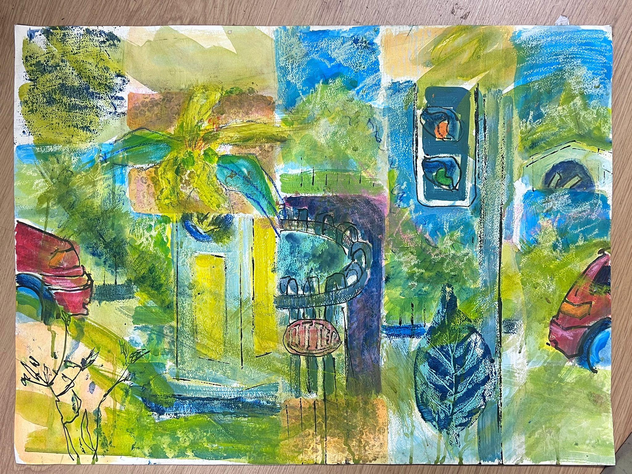 Britisches modernistisches Gemälde des 20. Jahrhunderts, Traffic Light Town, farbenfrohes, abstraktes Gemälde – Painting von Helen Greenfield