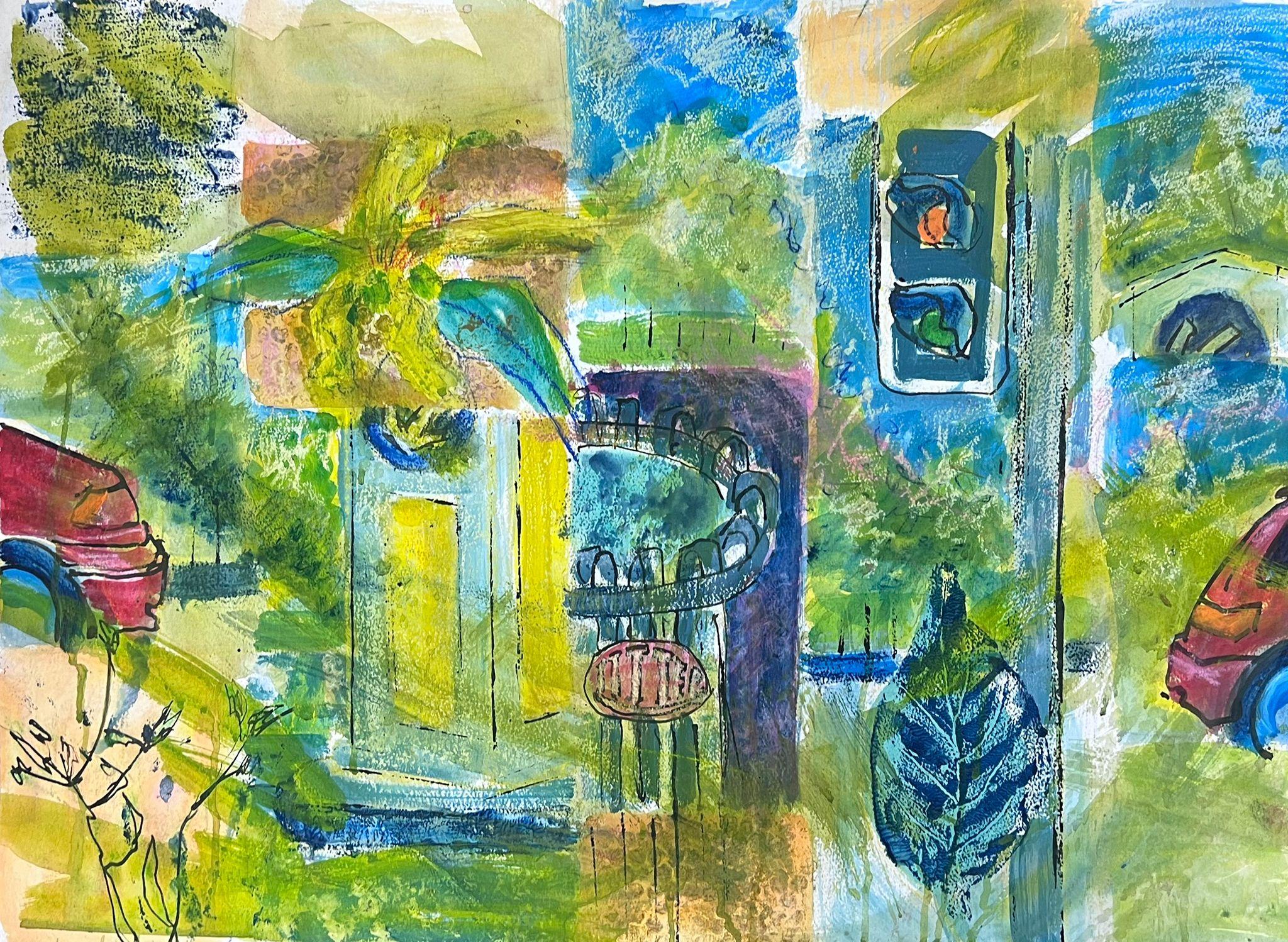 Helen Greenfield Landscape Painting – Britisches modernistisches Gemälde des 20. Jahrhunderts, Traffic Light Town, farbenfrohes, abstraktes Gemälde