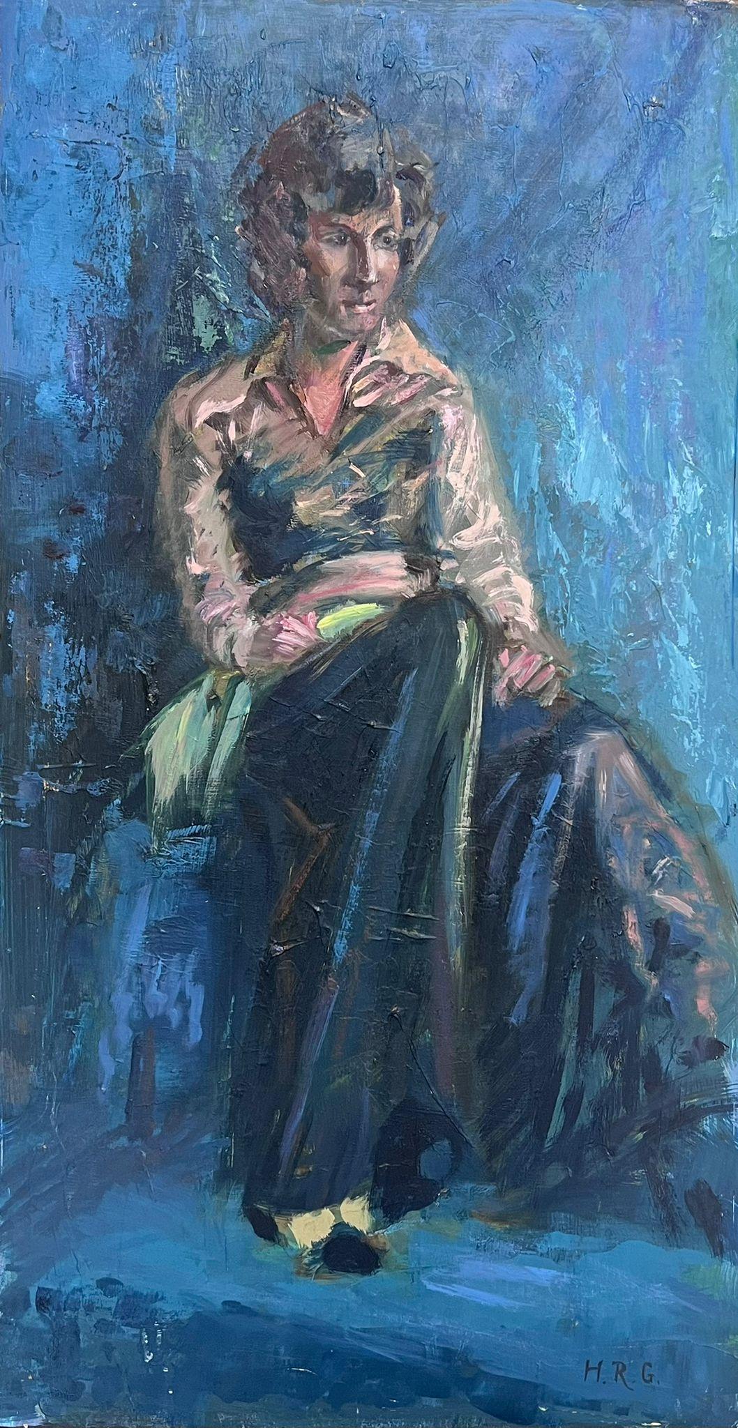 Helen Greenfield Portrait Painting – Britisches modernistisches Porträt der Dame Sat aus dem 20. Jahrhundert mit blauem Innenraum 
