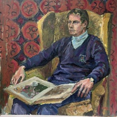 20th Century British Modernist Portrait of Man Seated in Chair Reading Art Book