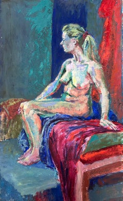 20ème siècle English Impressionist Oil Painting Artists Nude Model Posed On Bed