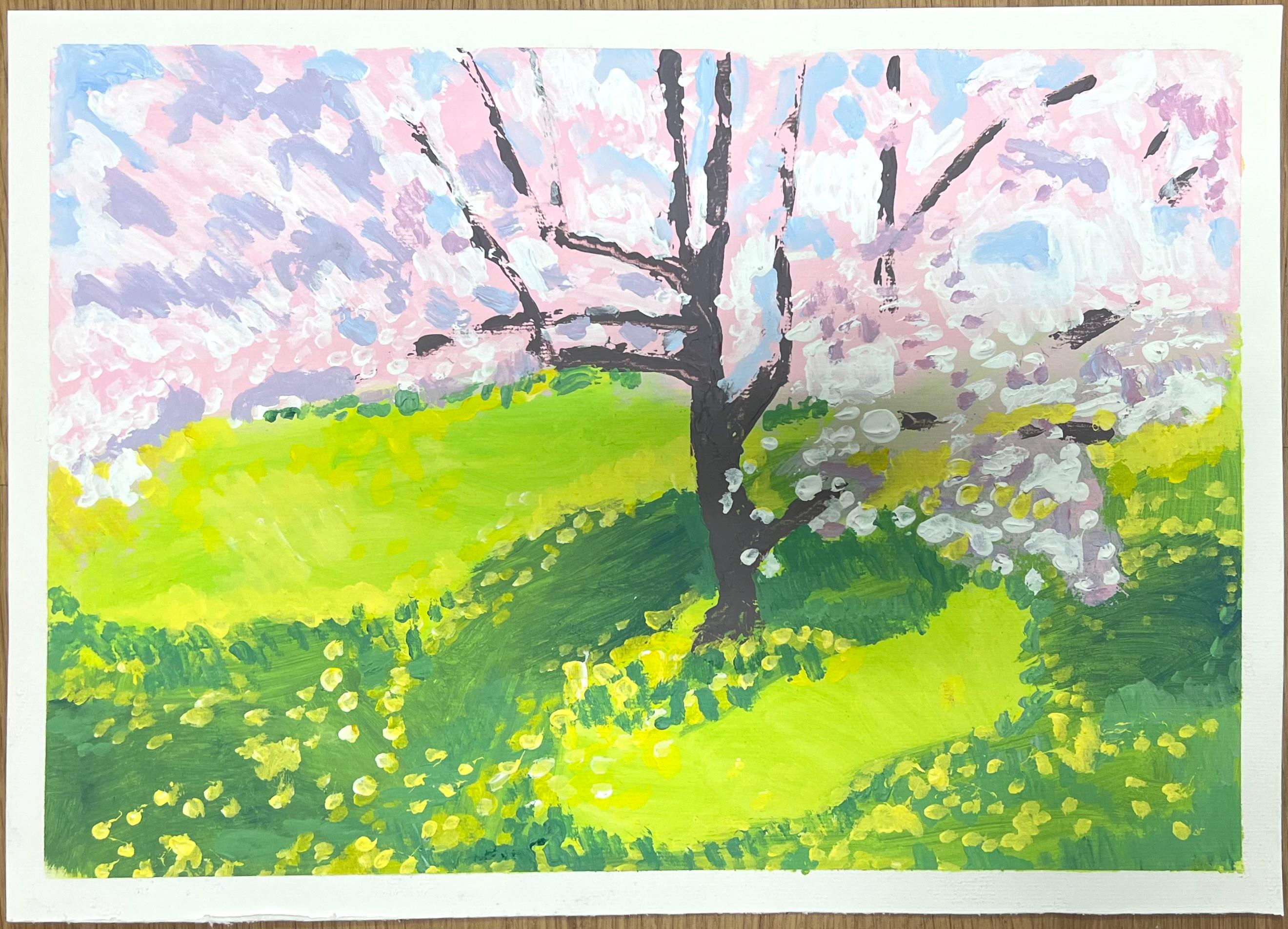 Un cerezo en flor arroja sus pétalos sobre un prado verde bañado por el sol - Painting de Helen Greenfield