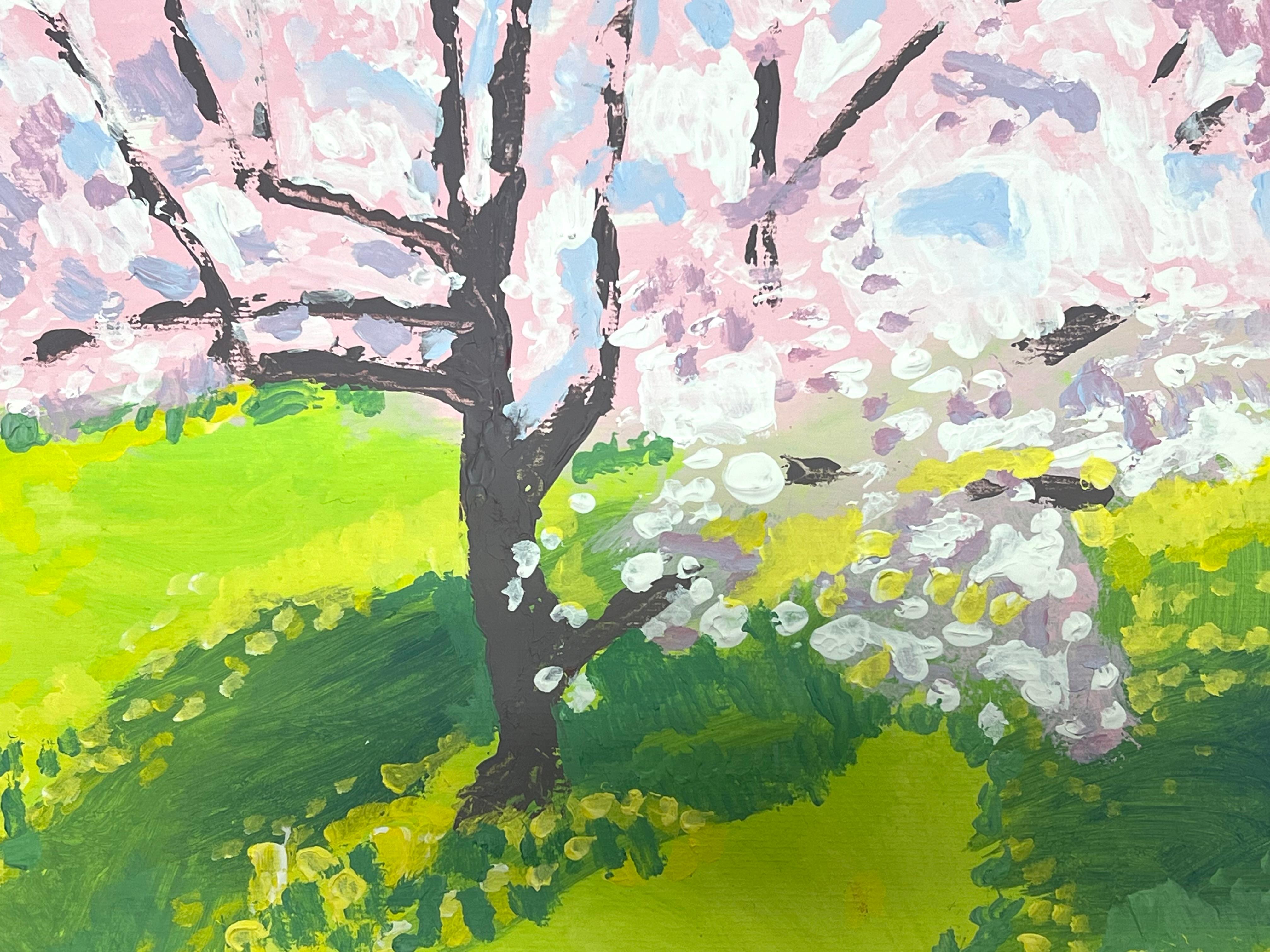 Un cerezo en flor arroja sus pétalos sobre un prado verde bañado por el sol - Painting Impresionista de Helen Greenfield