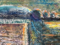 Paesaggio astratto a tecnica mista con elementi strutturati e forme geometriche