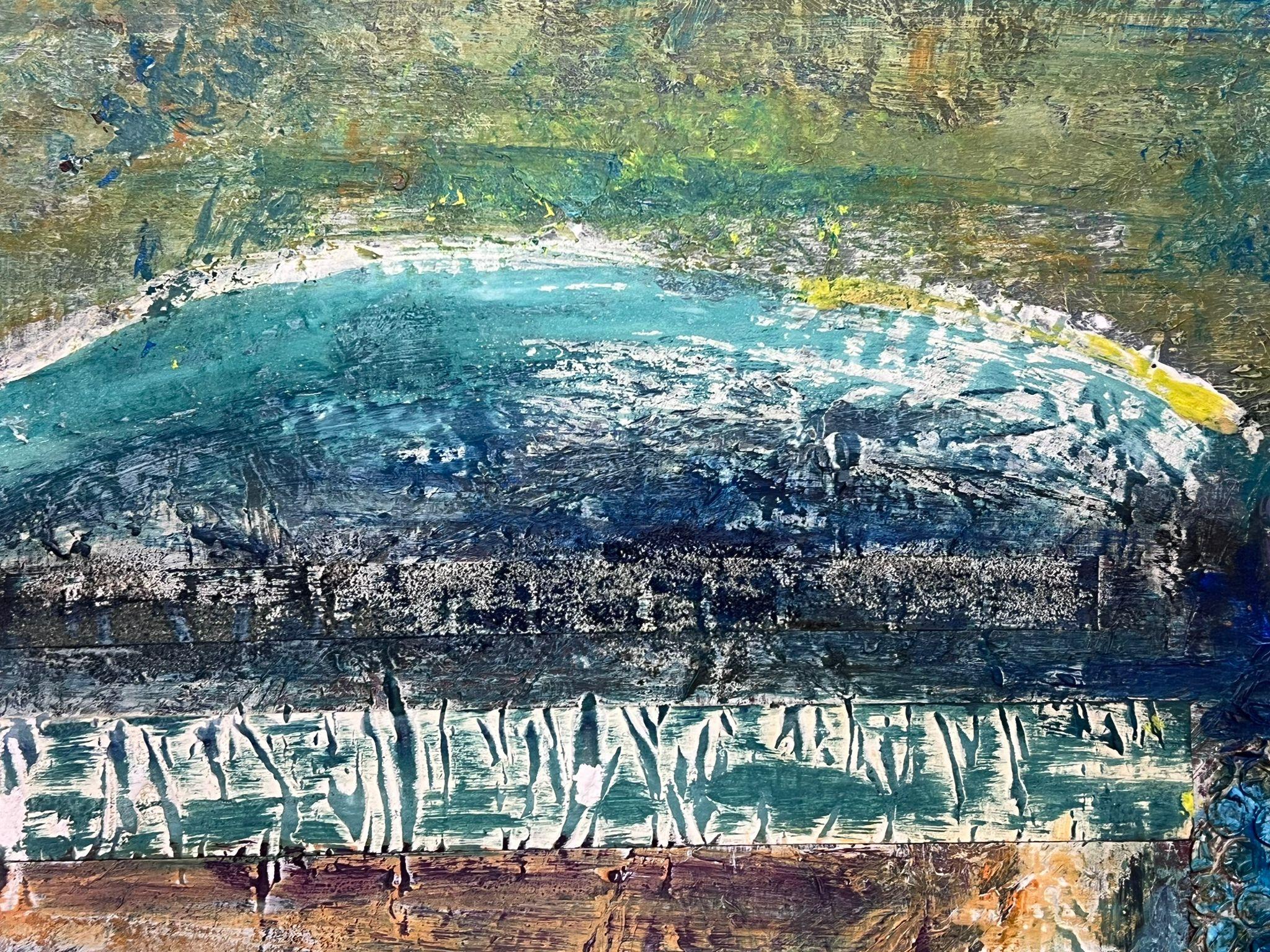 Abstract Mixed Media Landscape
by Helen Greenfield (British 20th century)
mixed material painting on board, unframed
board: 16.75 x 24.5 inches
condition: overall very good
provenance: all the paintings we have by this artist have come from their