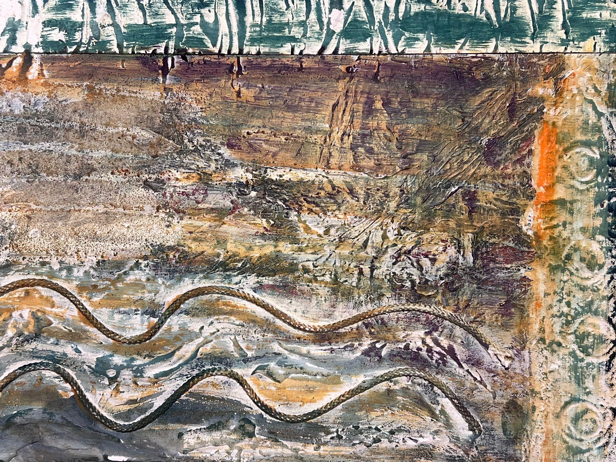 Abstract Mixed Media Landscape with Textured Elements and Geometric Forms For Sale 1