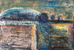 Paisaje abstracto en técnica mixta con elementos texturados y formas geométricas