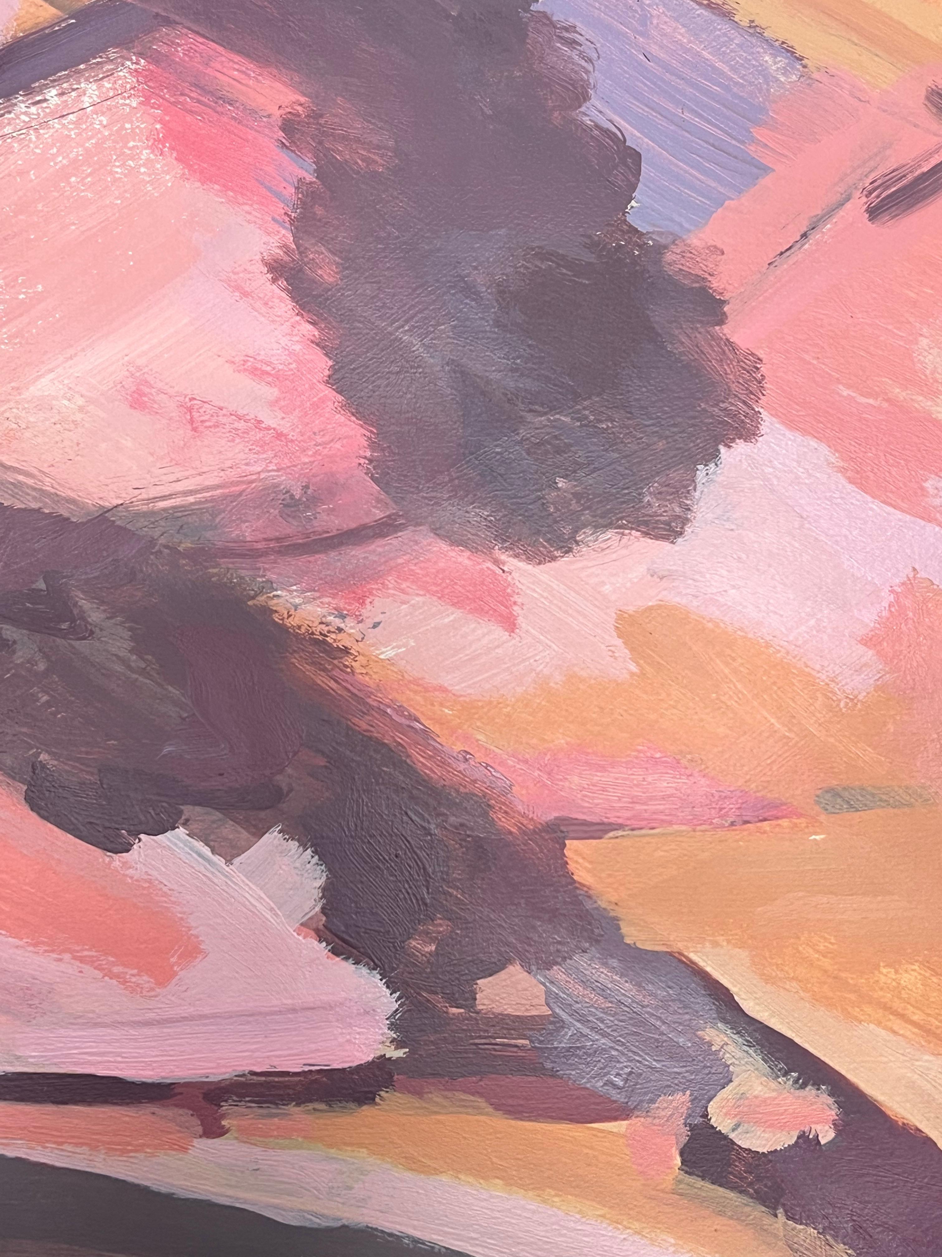 Paisaje abstracto rosa de rubor y tierra Pintura al óleo francesa - Abstract Painting Marrón de Helen Greenfield