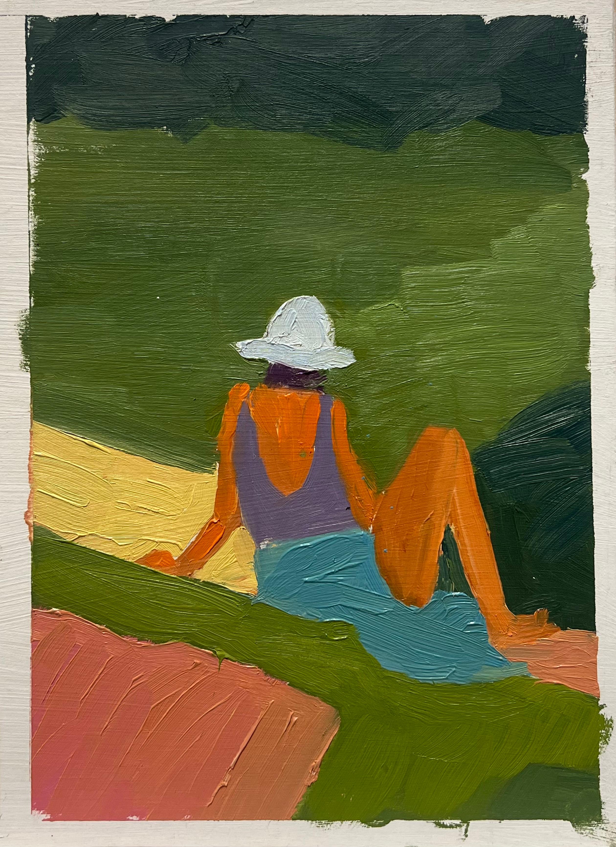 Block Color Contemporary British Oil Figure Sunbathing in the Summer Sun – Painting von Helen Greenfield