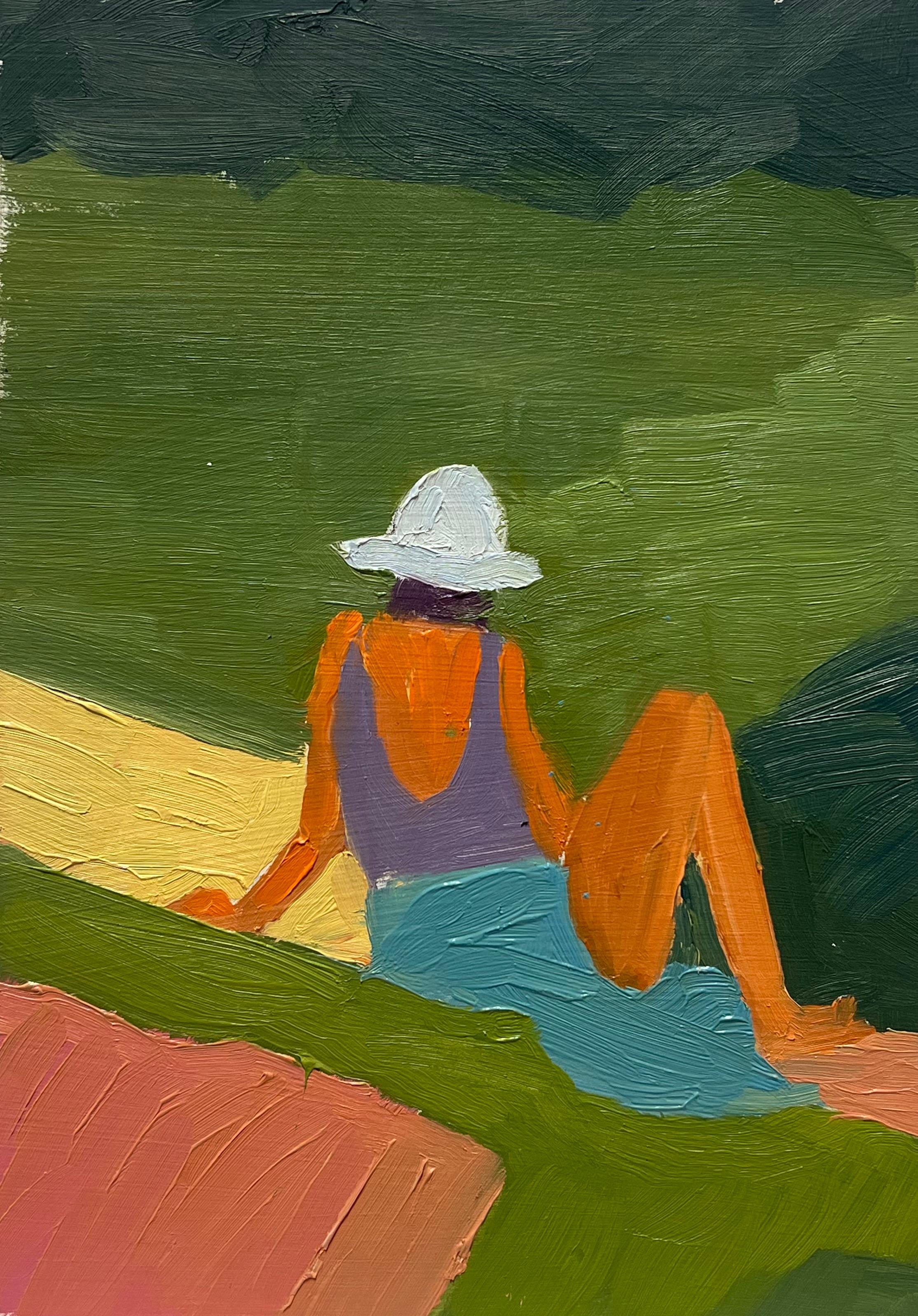 Block Color Contemporary British Oil Figure Sunbathing in the Summer Sun (Impressionismus), Painting, von Helen Greenfield
