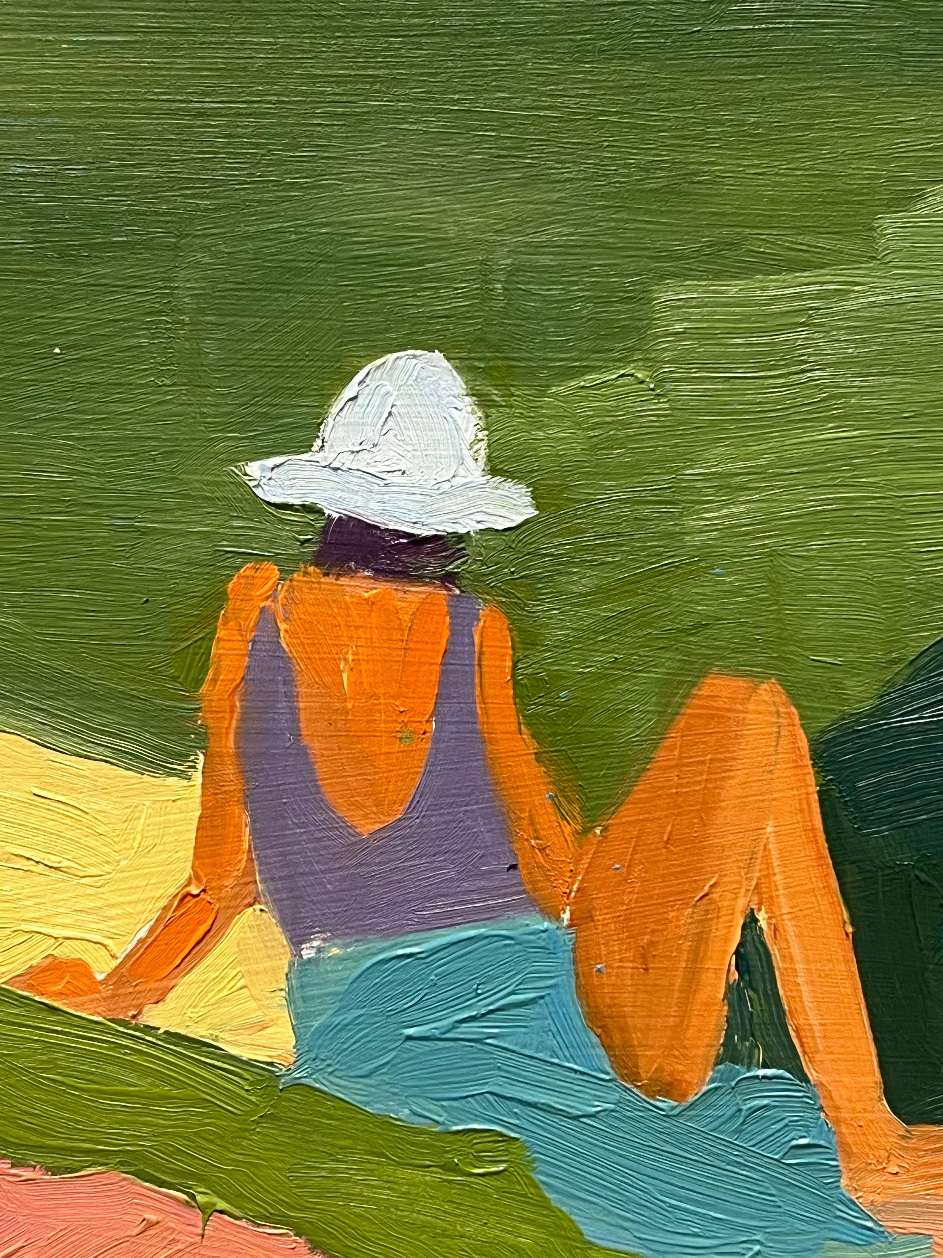 Block Color Contemporary British Oil Figure Sunbathing in the Summer Sun (Schwarz), Landscape Painting, von Helen Greenfield