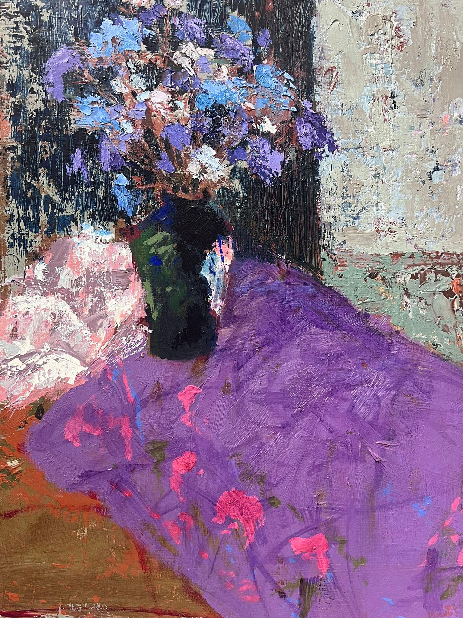 Helen Greenfield Still-Life Painting - Blue Flowers on Purple Table 20th Century British Modernist Oil Painting