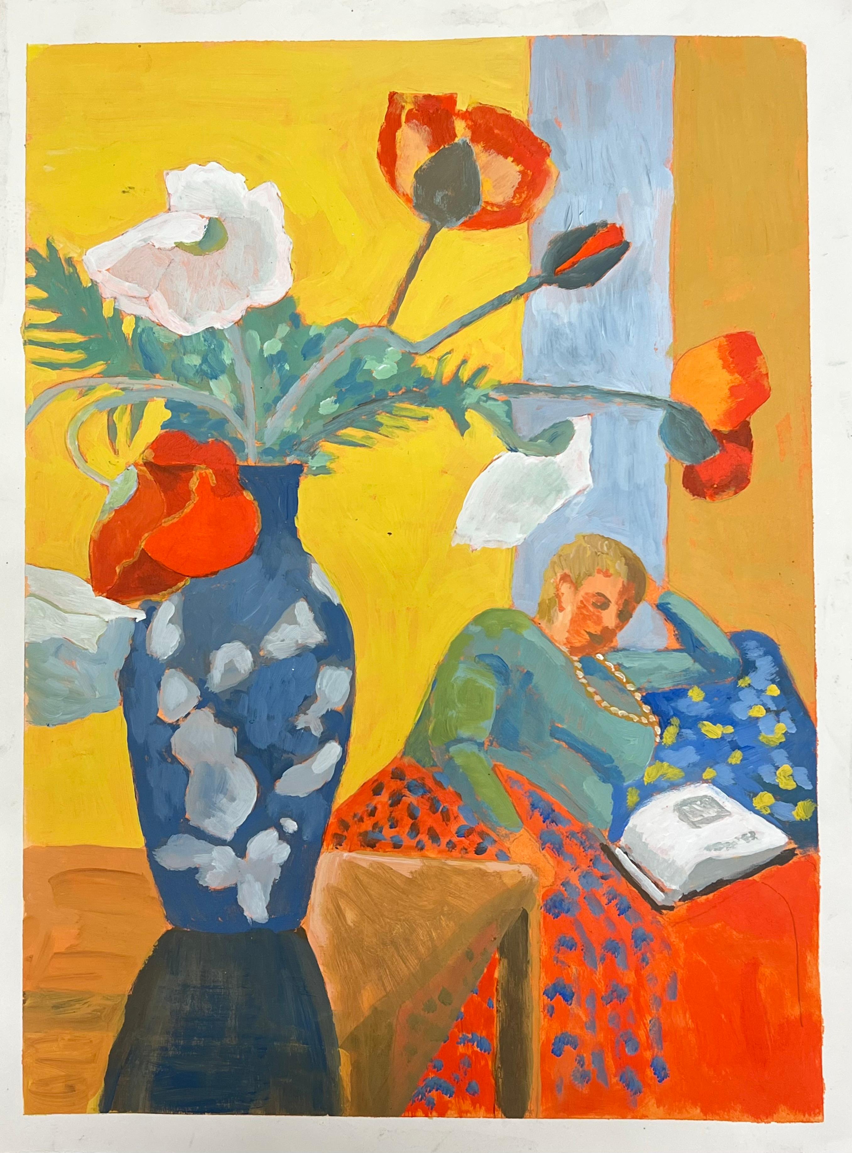 Bodegón Luminoso con Amapolas y Mujer Reclinada Estilo Atrevido y Modernista - Painting de Helen Greenfield