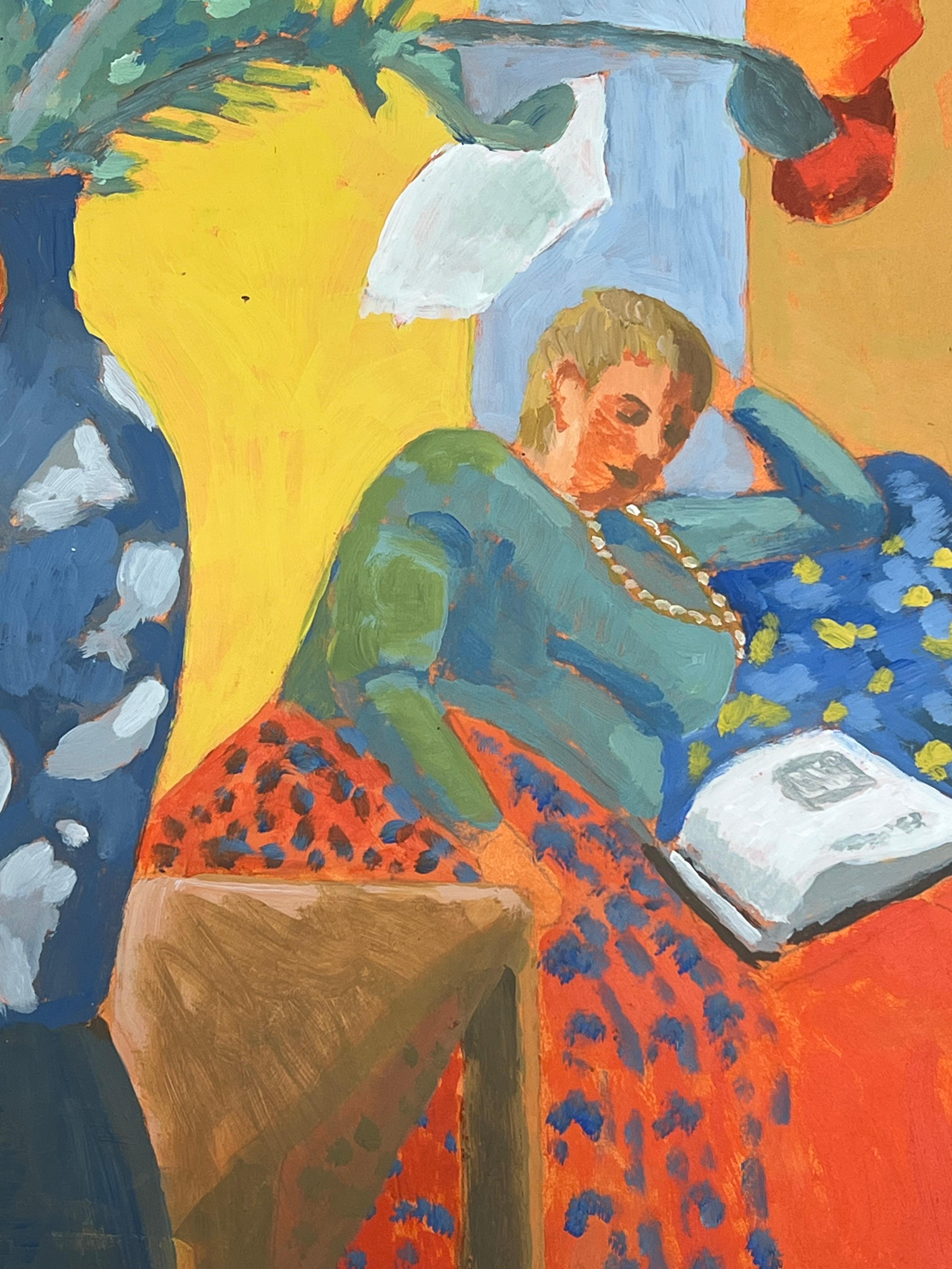 Bodegón Luminoso con Amapolas y Mujer Reclinada Estilo Atrevido y Modernista - Painting Impresionista de Helen Greenfield