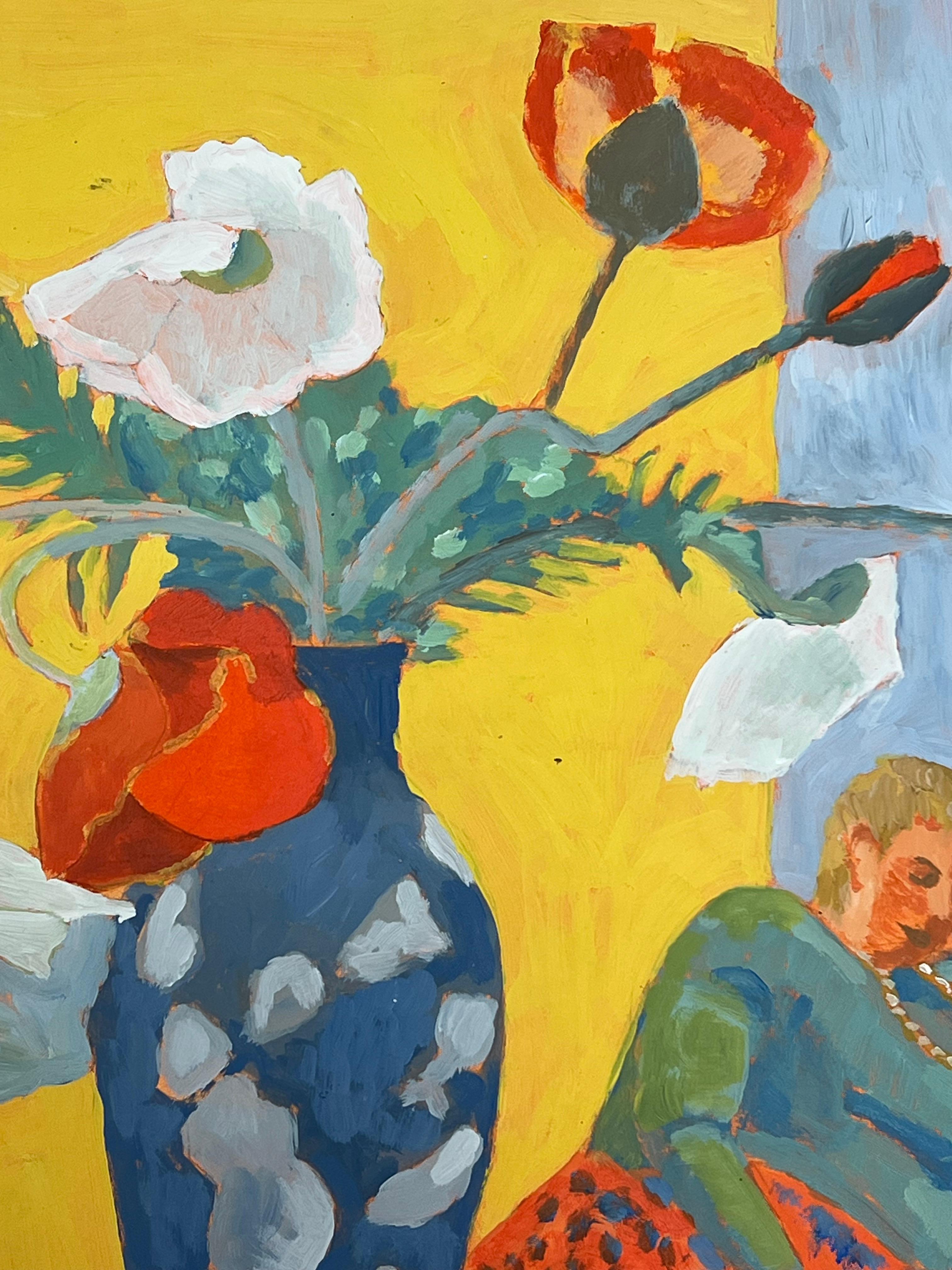 Bodegón Luminoso con Amapolas y Mujer Reclinada Estilo Atrevido y Modernista - Interior Painting Naranja de Helen Greenfield