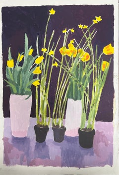 Bright Yellow Daffodils and Tulips In a Deep Purple Background