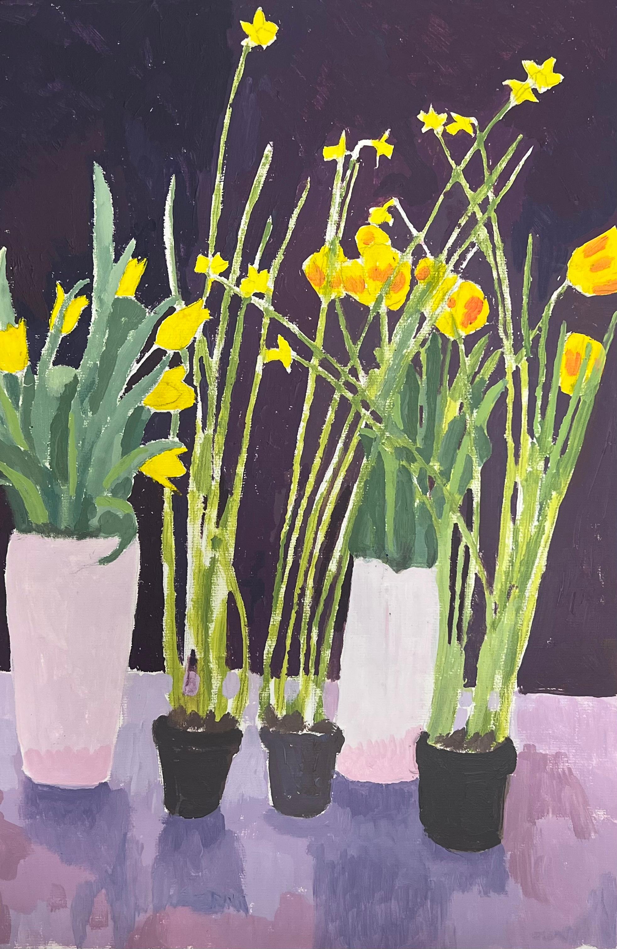 Bright Yellow Daffodils and Tulips In a Deep Purple Background