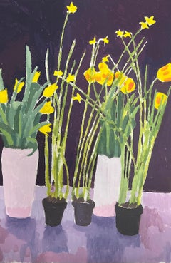 Bright Yellow Daffodils and Tulips In a Deep Purple Background