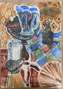 British Modernist Oil Painting Still Life Two Jugs in Abstract Interior