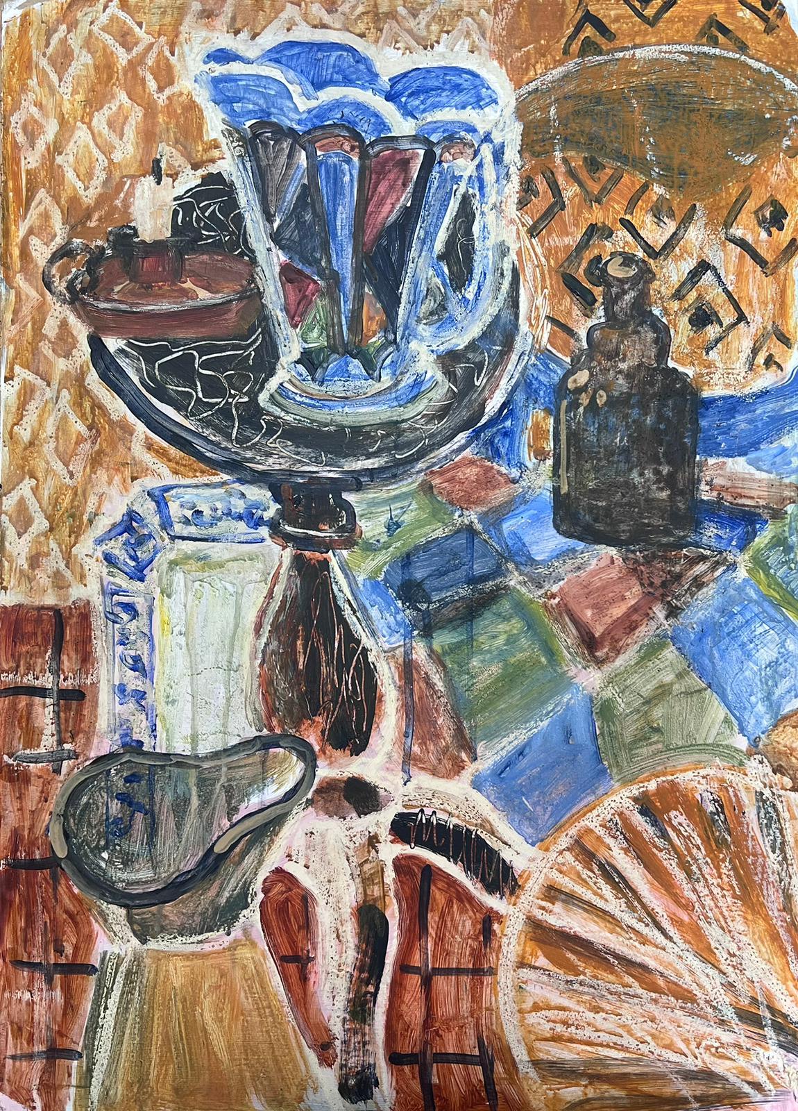 Helen Greenfield Abstract Painting - British Modernist Oil Painting Still Life Two Jugs in Abstract Interior