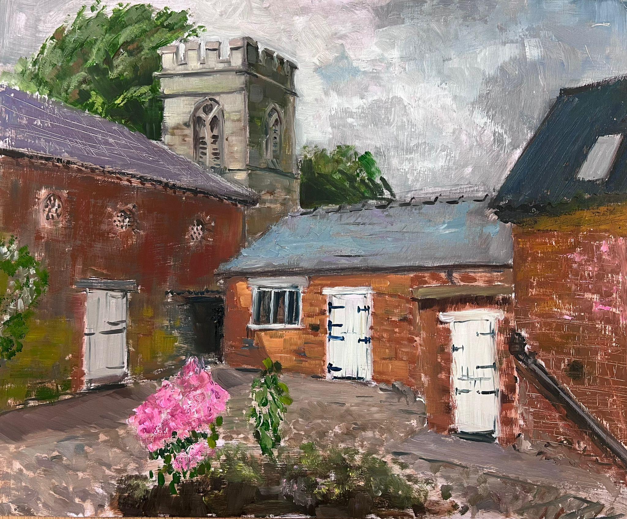 Encantadora escena de patio inglés con torre de iglesia y edificios de ladrillo - Painting de Helen Greenfield