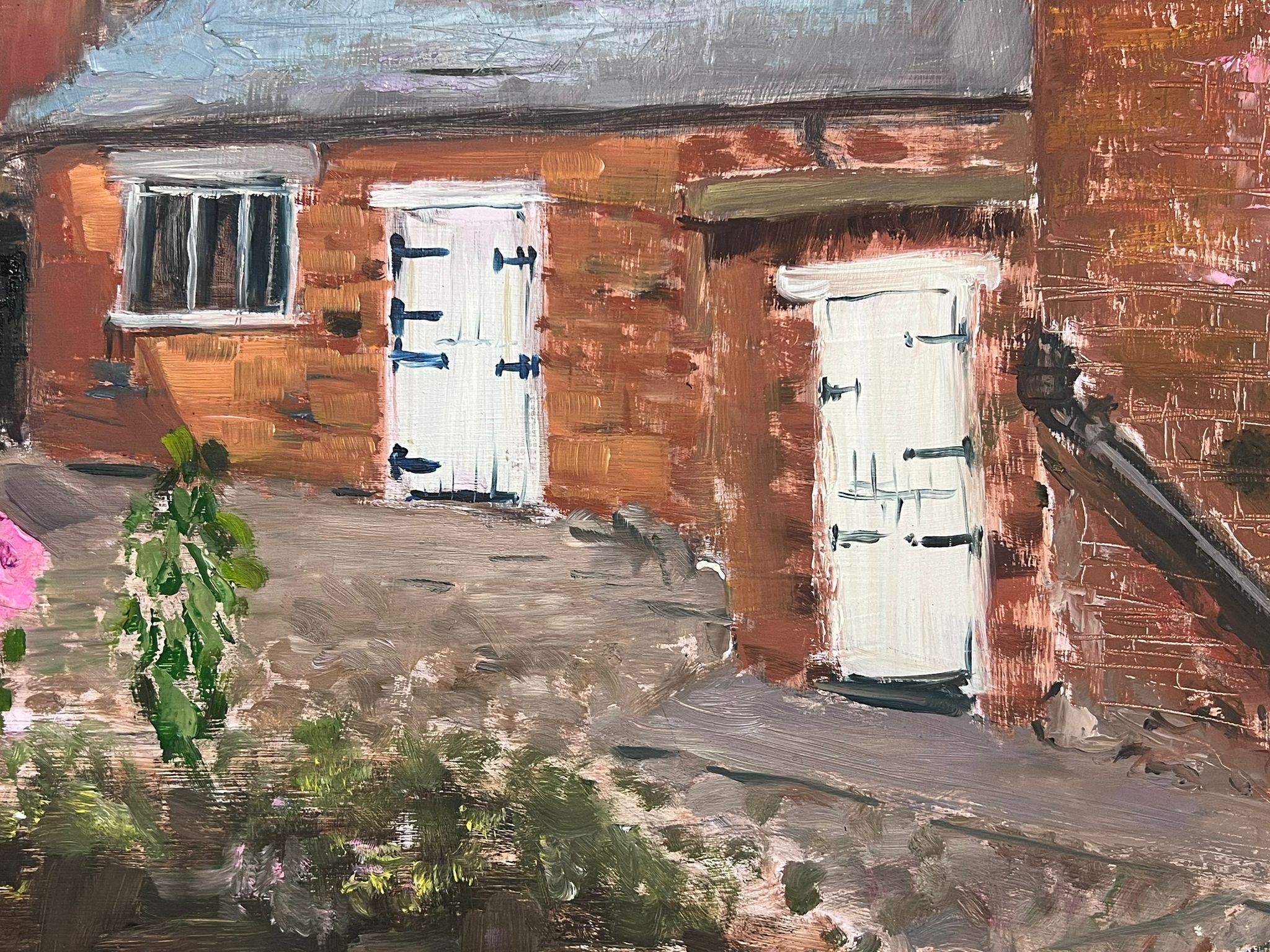 Encantadora escena de patio inglés con torre de iglesia y edificios de ladrillo - Landscape Painting Marrón de Helen Greenfield