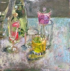 Colourful Glasses On Blue Table 20th Century British Modernist Oil Painting