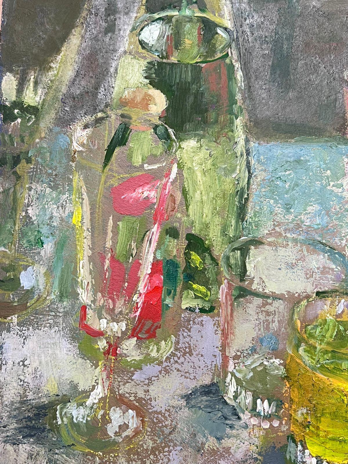 Colourful Glasses On Blue Table 20th Century British Modernist Oil Painting For Sale 1