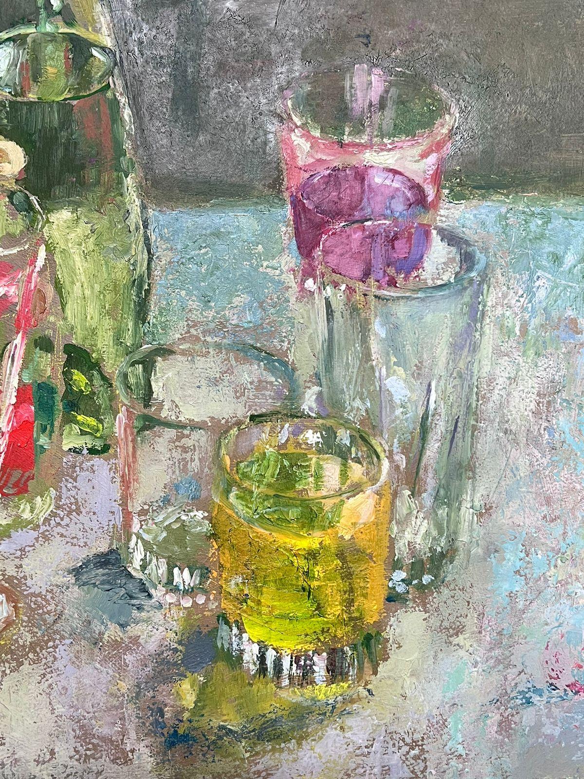 Colourful Glasses On Blue Table 20th Century British Modernist Oil Painting For Sale 3