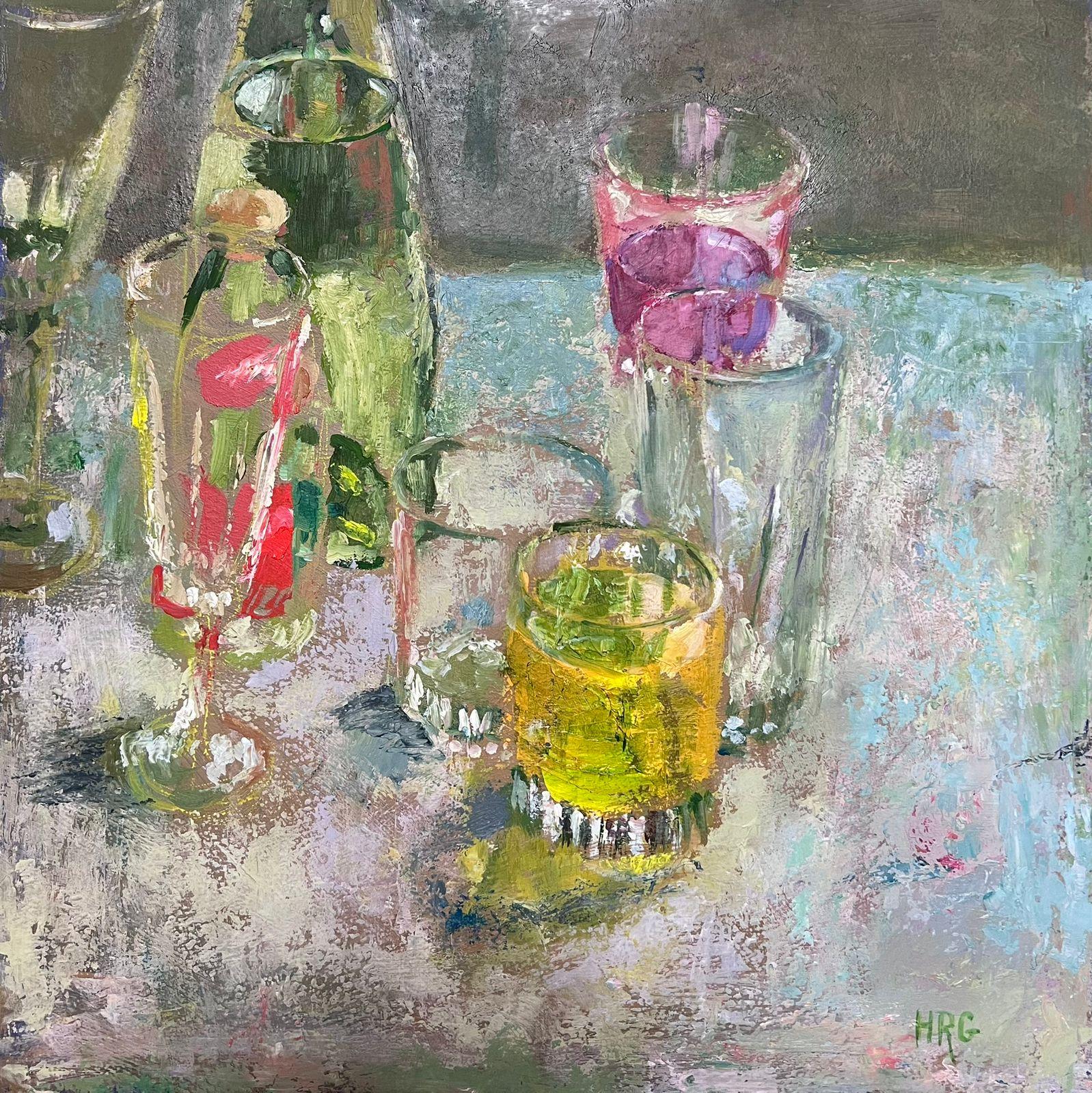 Helen Greenfield Interior Painting - Colourful Glasses On Blue Table 20th Century British Modernist Oil Painting