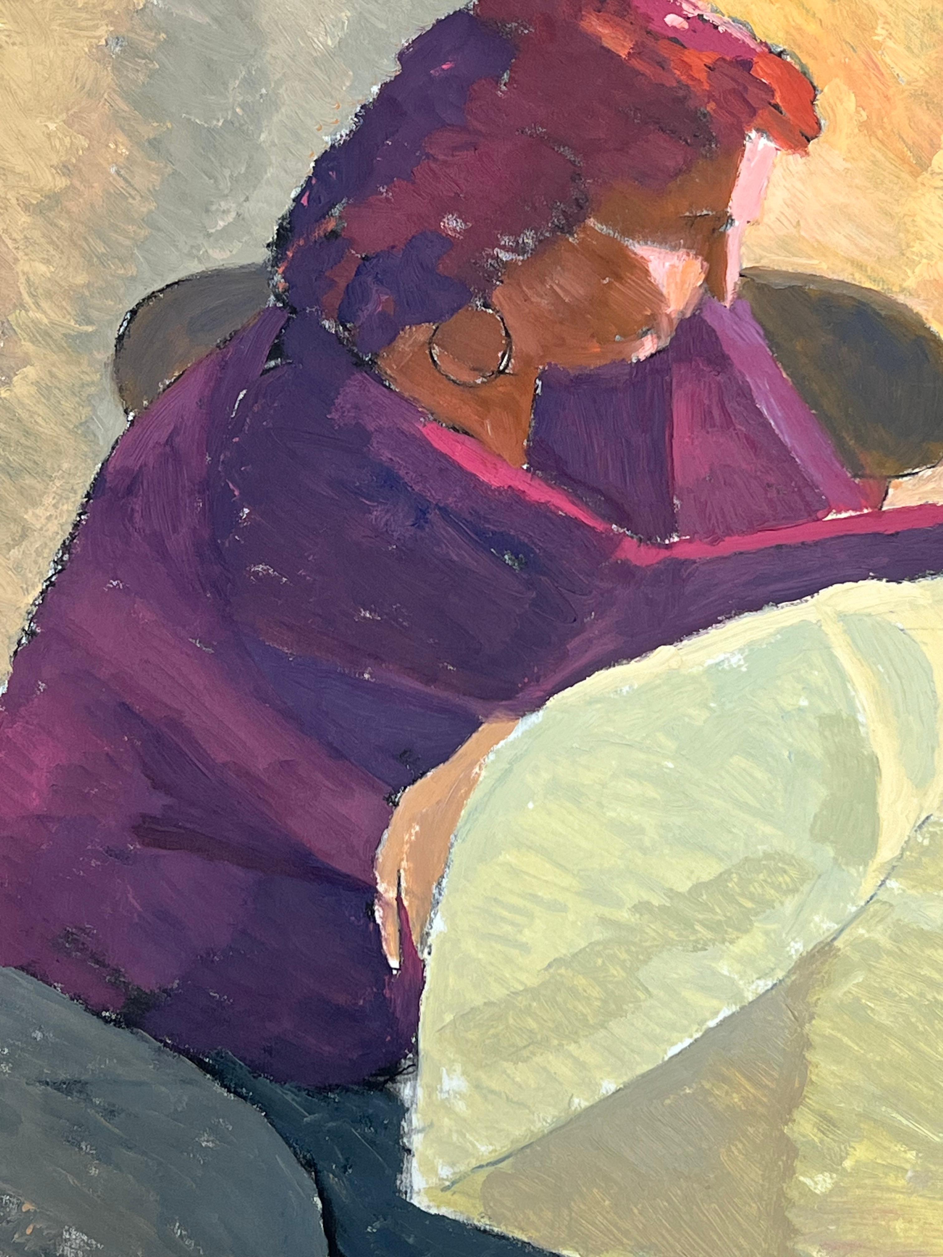 Figura contemplativa in Deep Purple Composizione espressionista moderna - Interior Painting Nero di Helen Greenfield