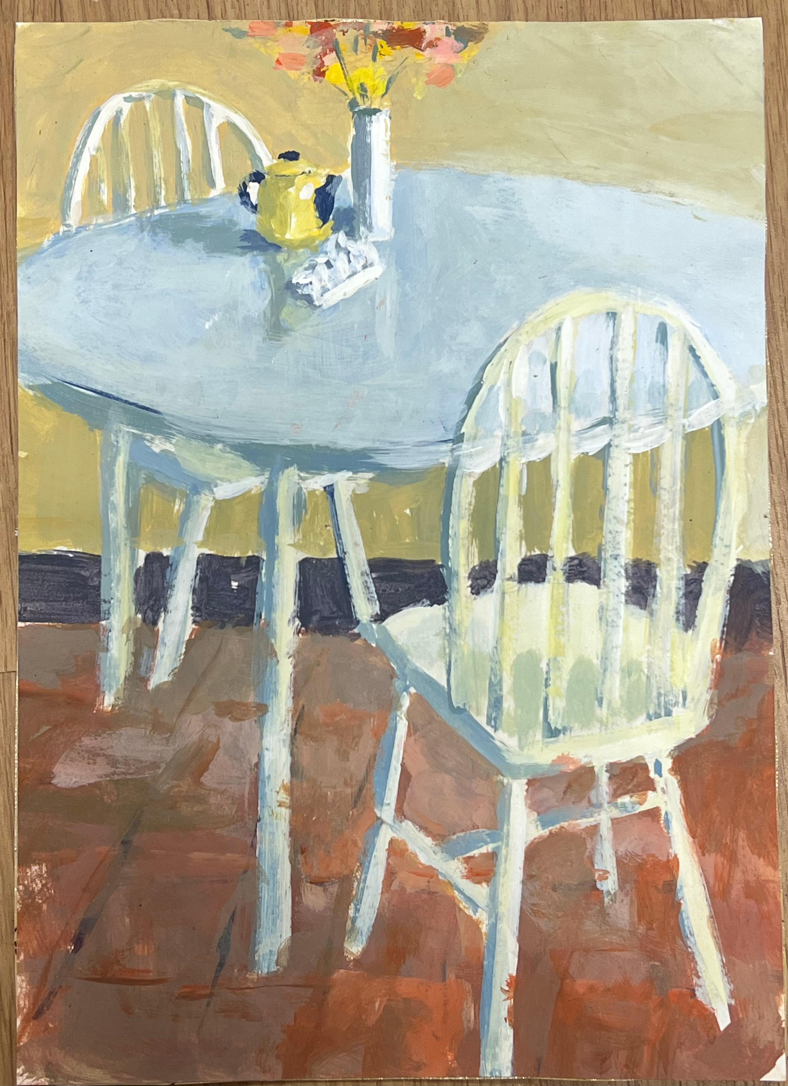 Contemporary British Modernist Ölgemälde Küche Tisch & Stühle Stillleben – Painting von Helen Greenfield
