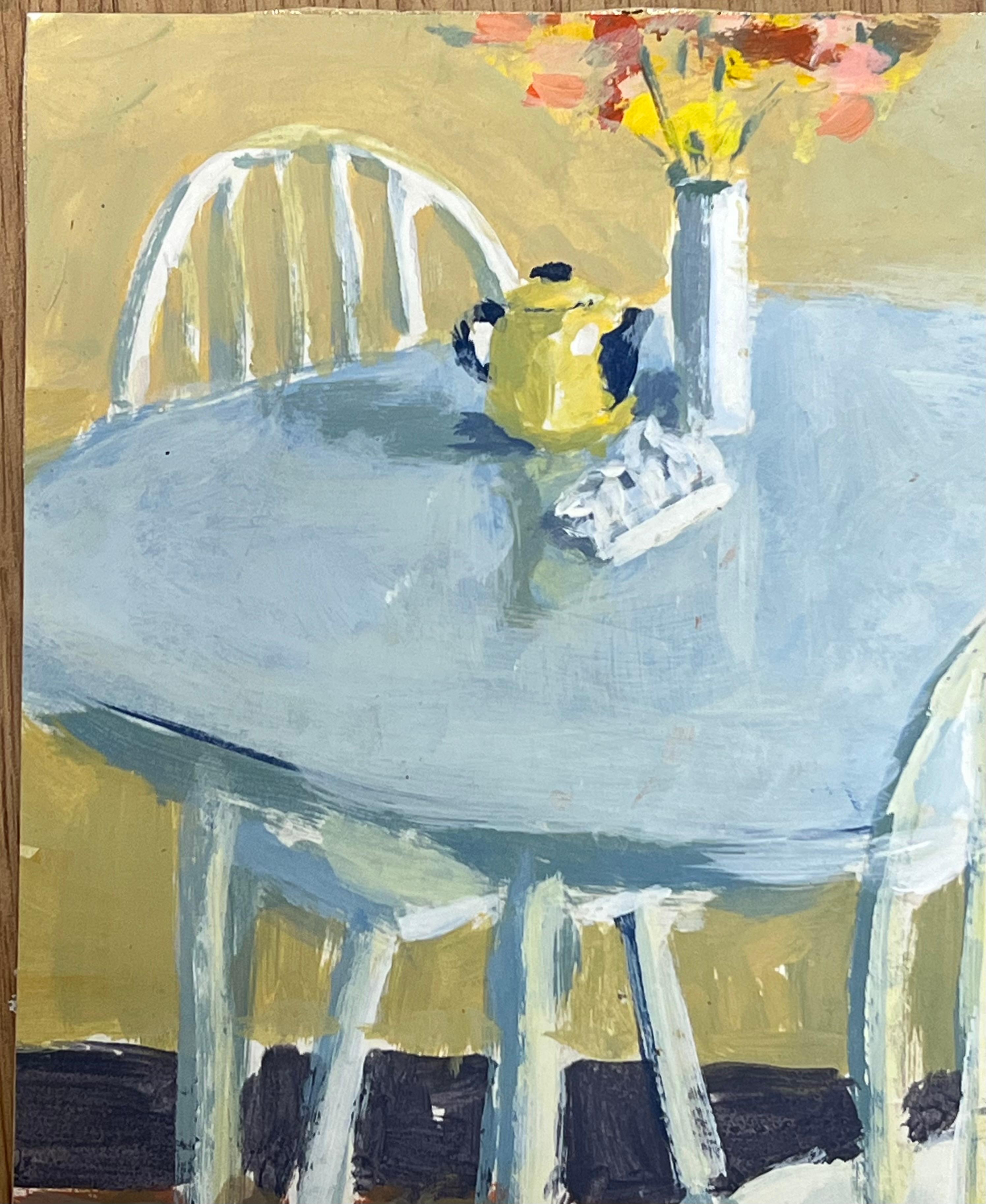 Contemporary British Modernist Ölgemälde Küche Tisch & Stühle Stillleben (Beige), Still-Life Painting, von Helen Greenfield