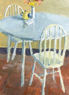 Contemporary British Modernist Ölgemälde Küche Tisch & Stühle Stillleben