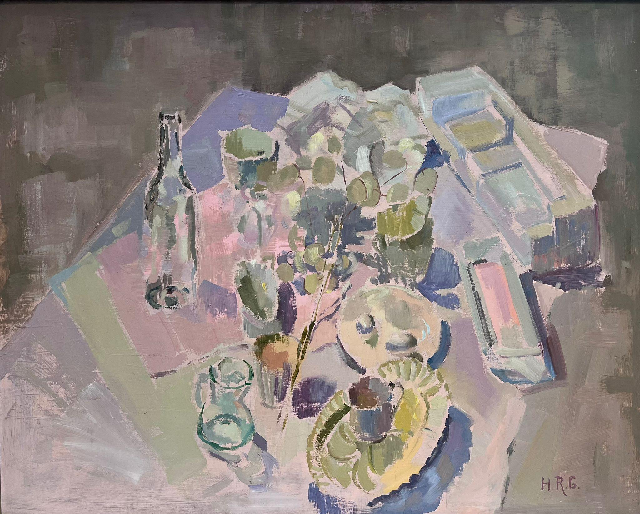 Tavolo da cucina con natura morta impressionista contemporanea e tavolozza pastello morbida - Painting di Helen Greenfield