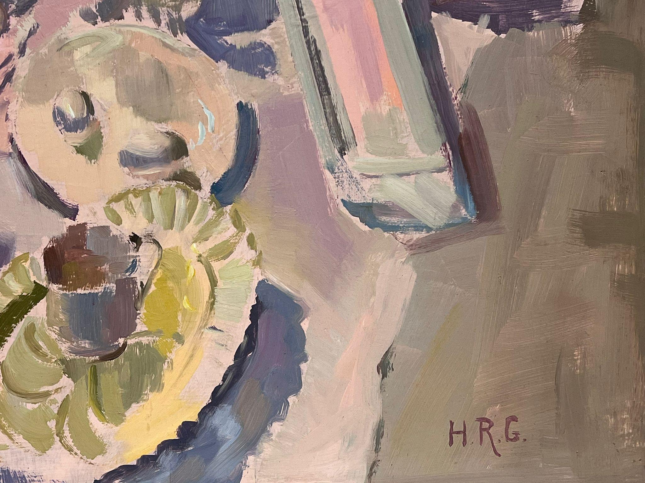 Natura morta impressionista contemporanea
di Helen Greenfield (Regno Unito, XX secolo)
dipinto a olio su tavola con iniziali firmate, incorniciato
incorniciato: 25 x 31 pollici
tavola: 24 x 30 pollici
condizioni: complessivamente molto