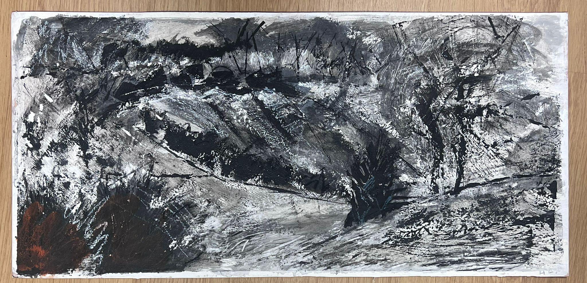 Black and White Abstract 
by Helen Greenfield (British 20th century) 
signed initials gouache painting on thin board, unframed
board: 15.5 x 32 inches
condition: overall very good
provenance: all the paintings we have by this artist have come from