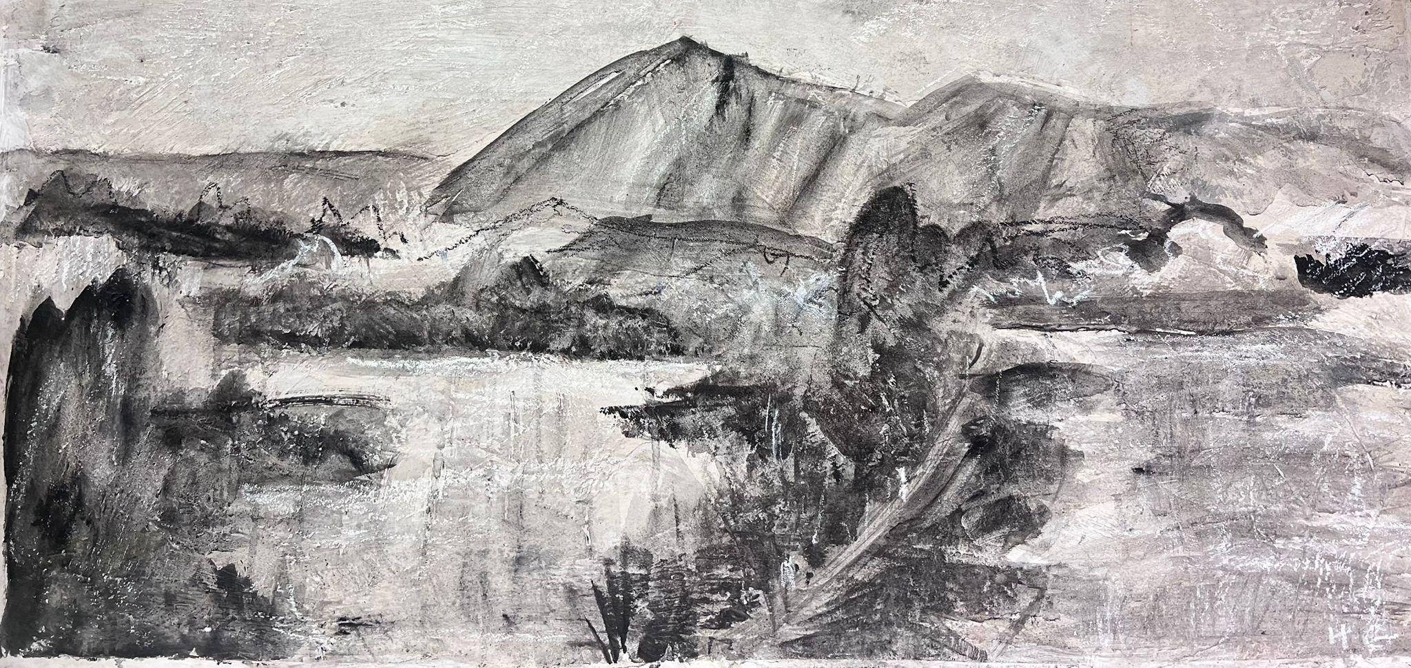 Helen Greenfield Landscape Painting - English Impressionist Gouache Painting Black and White Hill Abstract