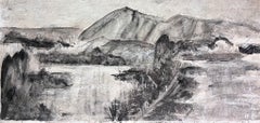 English Impressionist Gouache Painting Black and White Hill Abstract (peinture impressionniste à la gouache en noir et blanc)